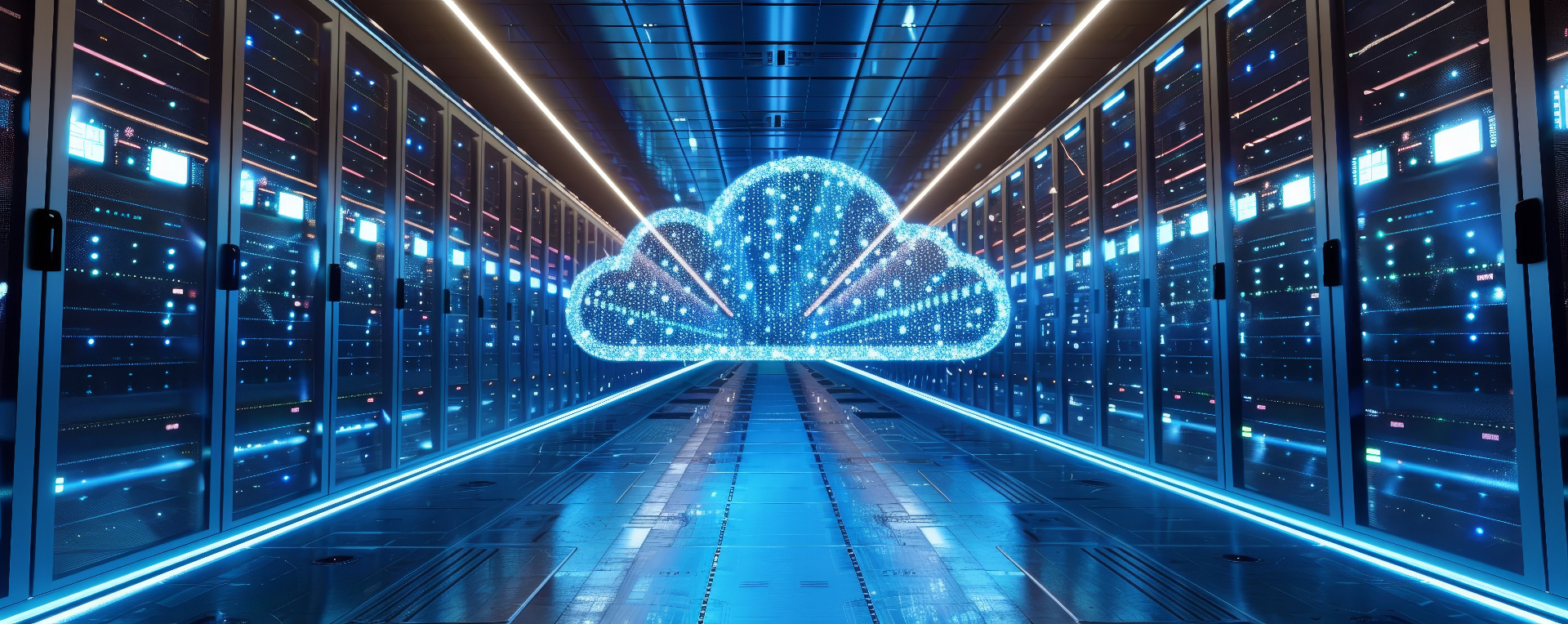 Illustration of a glowing digital cloud above an AI data centre corridor